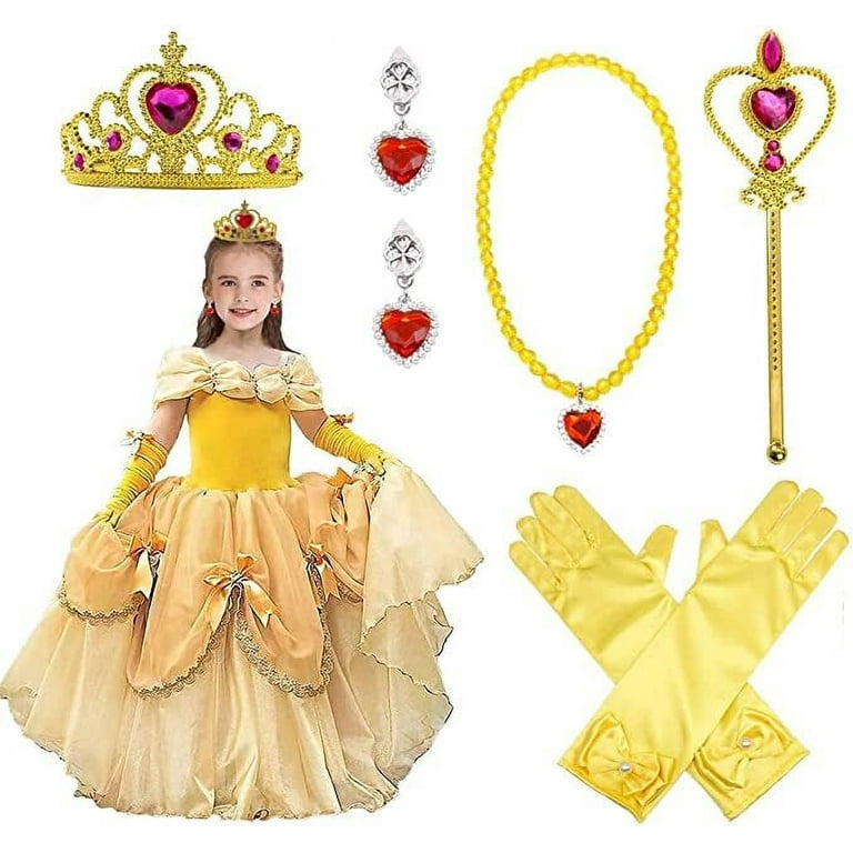 AOWEE Yellow Crown Cosplay Accessories for Birthday Party Girls Gift,  Princess Dress Up Party Costume Role Play Bella with Tiara Wand Gloves  Earrings