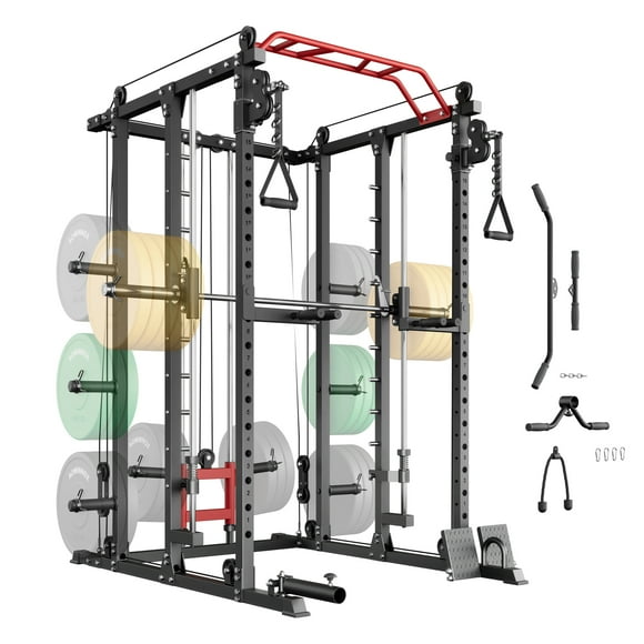AOWINNOX Fitness Deep Squat Machine with Cable Crossover System and Multi-Function Squat Rack Power Cage for Home Gym