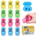 thumbnail image 1 of AOWOO 12 Pcs Manual Pencil Sharpener with Lid & Eraser, Double Hole Multicolored Handheld Sharpener with Fun Stationery Back to School Supplies, Classroom Rewards, and Birthday Party Favors, 1 of 7