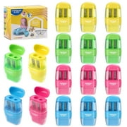 AOWOO 12 Pcs Manual Pencil Sharpener with Lid & Eraser, Double Hole Multicolored Handheld Sharpener with Fun Stationery Back to School Supplies, Classroom Rewards, and Birthday Party Favors
