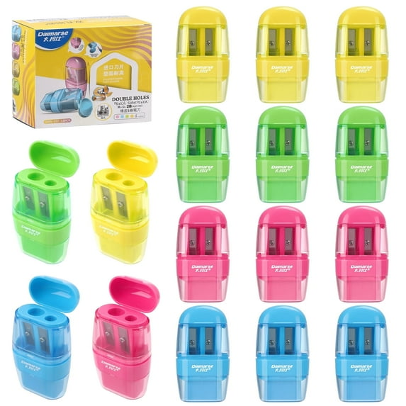 AOWOO 12 Pcs Manual Pencil Sharpener with Lid & Eraser, Double Hole Multicolored Handheld Sharpener with Fun Stationery Back to School Supplies, Classroom Rewards, and Birthday Party Favors