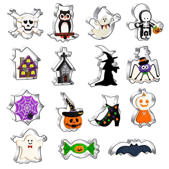 AOWOO 15 Pcs Halloween Cookie Cutter Set, Pumpkin, Ghost, Bat, Cat and Witch's Hat Cookie Molds for Halloween Food Party Decorations
