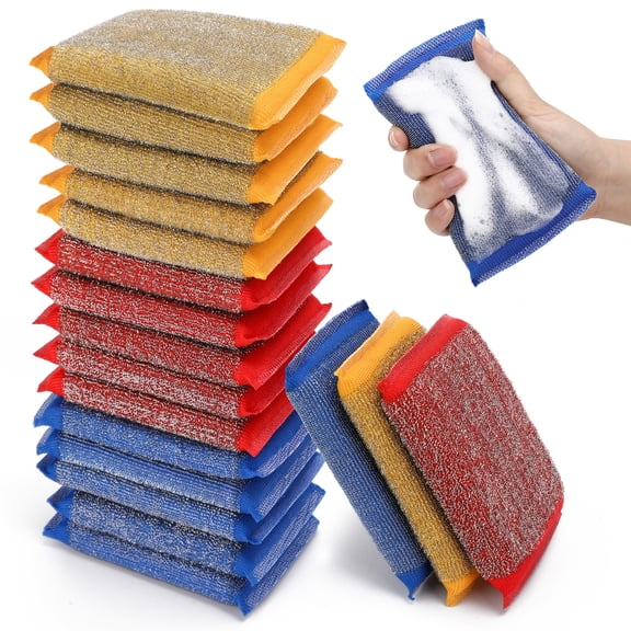 AOWOO 18 Pack Heavy Duty Kitchen Scour Pads & Scrub Sponges, Non-Scratch Stainless Steel Scrubber, Extra-Thick 0.8" Sponge, Odor-Resistant, Multi-Use Cleaning Pads for Dishes, Pots, Pans, Sink