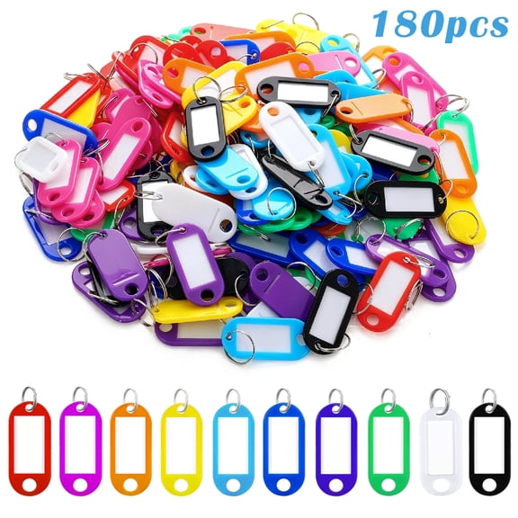 AOWOO 180 Pcs Key Ring Labels, Plastic Key Tags with Paper Inserts & Cover, Reusable Identifier for Office, Bags, Keys, Luggage, USB Drives, Pet Tags, 10 Assorted Colors