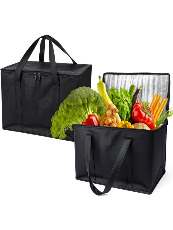 2 Pack Insulated Grocery Bags, 16" x 13" x 9" Reusable Shopping Bags, Collapsible Cooler Food Bag with Strong Handle and Zipper, Thermal Food Delivery Bag for Shopping Takeout Camping
