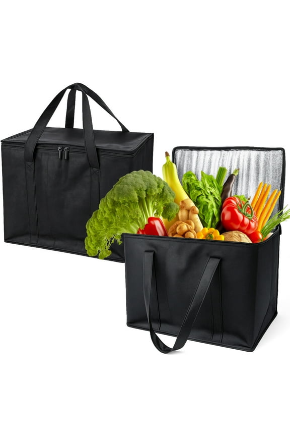 2 Pack Insulated Grocery Bags, 16" x 13" x 9" Reusable Shopping Bags, Collapsible Cooler Food Bag with Strong Handle and Zipper, Thermal Food Delivery Bag for Shopping Takeout Camping
