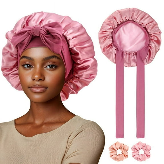 AOWOO 2 Pack Satin Bonnet, Silk Bonnet for Sleeping Women, Silk Sleep Cap Double Layer, Ajustable Hair Bonnet with Tie Band for Women Curly Hair