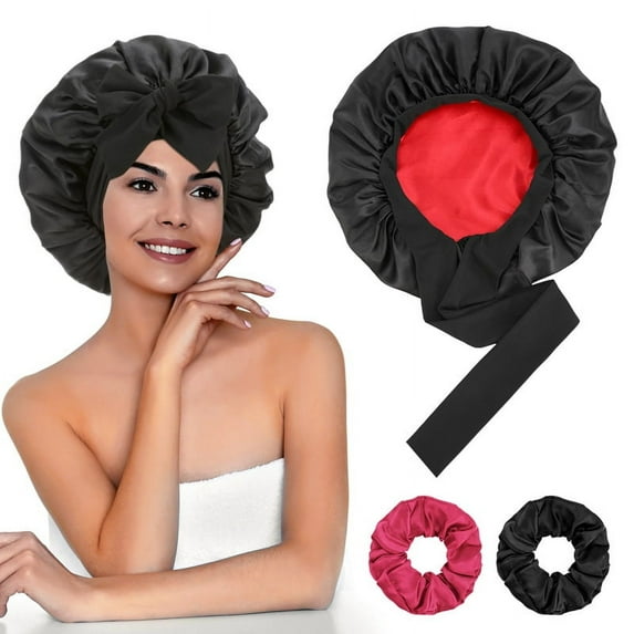 AOWOO 2 Pack Satin Bonnet, Silk Bonnet for Sleeping Women, Silk Sleep Cap Double Layer, Ajustable Hair Bonnet with Tie Band for Women Curly Hair