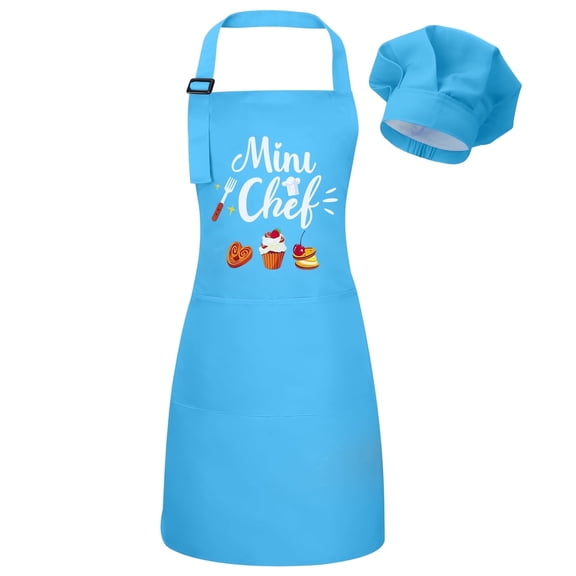 AOWOO 2 Pcs Kids Chef Apron and Hat Set, Adjustable Children's Cooking Apron for Baking Painting Play, Blue Role Play Costume Dress Up Toy Gift for Boy Girl