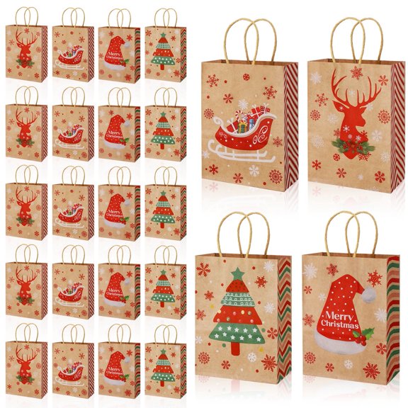 AOWOO 24 Pcs Christmas Kraft Gift Bags, Christmas Gift Bags, Xmas Assorted Paper Bags Bulk with Handles for Party Supplies