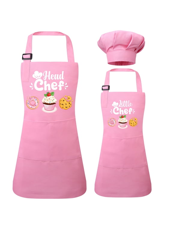 2Pcs Parent and Child Aprons Set, Perfect Mommy and Me Kitchen Cooking Apron with 2 Pockets, Matching Aprons and Chef Hat Set for Kids and Adults Role Play Chef Toy Cooking Gift