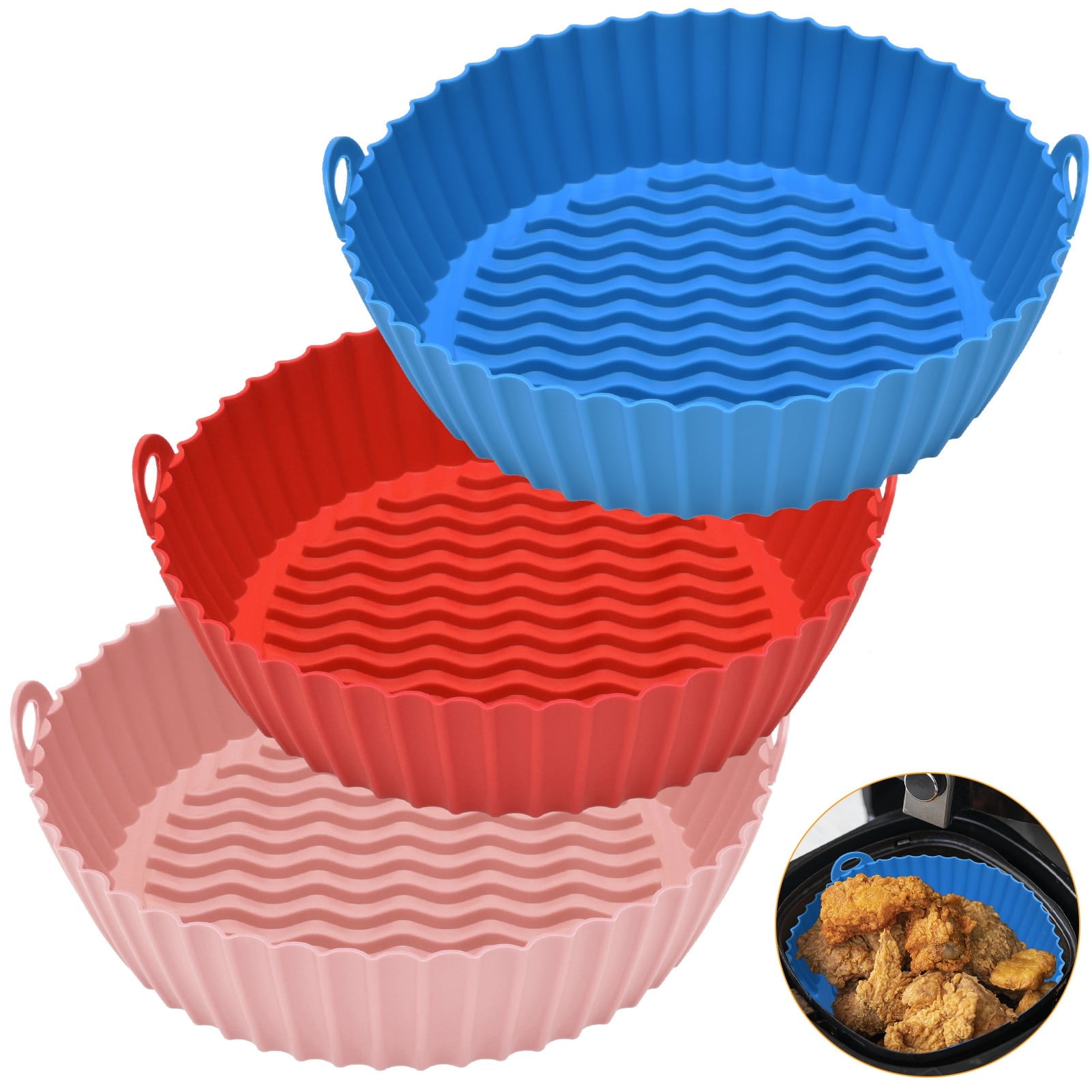 AOWOO 3 Pack Air Fryer Silicone Liners Pot for 3 to 5 QT, Air Fryer Silicone Basket Bowl, Replacement of Flammable Parchment Paper, Reusable Baking Tray Oven Accessories (Top 7.5in, Bottom 6.8in)
