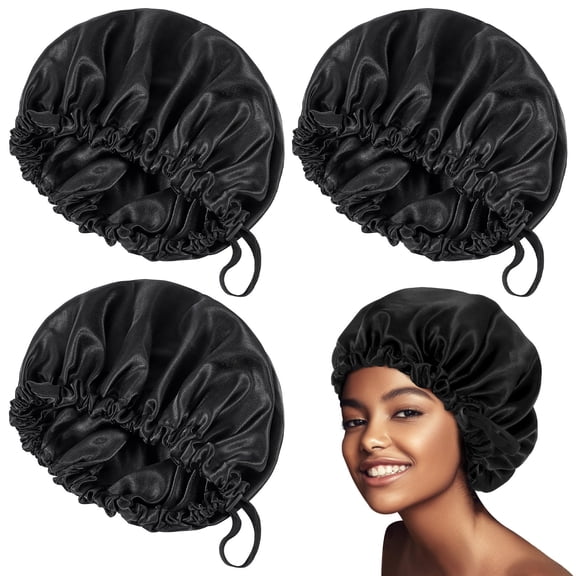 AOWOO 3 Pcs Satin Silk Hair Bonnet for Sleeping, Extra Large Double-Layer Adjustable Hair Bonnet for Long Short Hair Curly Braids Hair, Hair Bonnets for Woman and Men(Black)