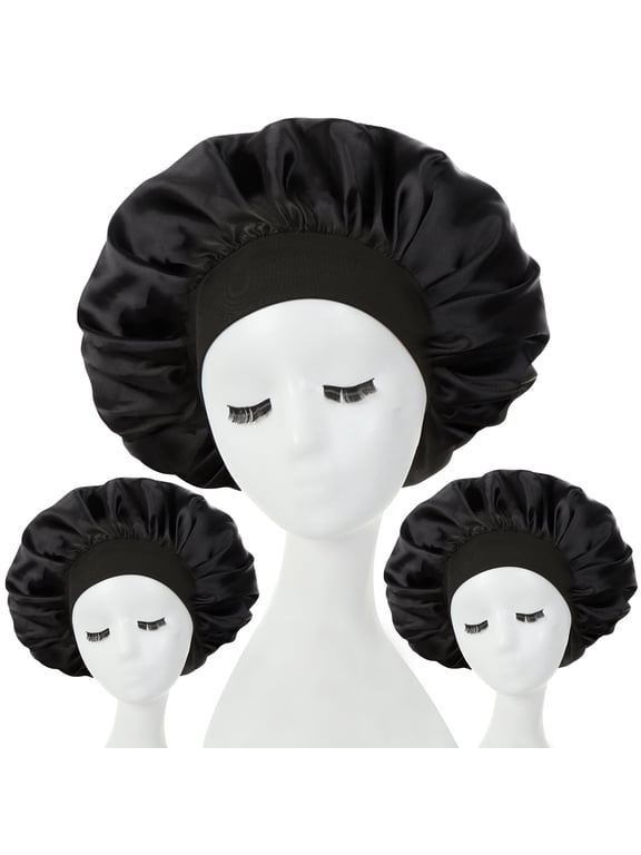 3 Pcs Silk Hair Bonnet with Wide Elastic Band, Sleepling Hair Wrap Cover, Satin Night Sleep Cap for Curly Long Hair Shower Bonnet