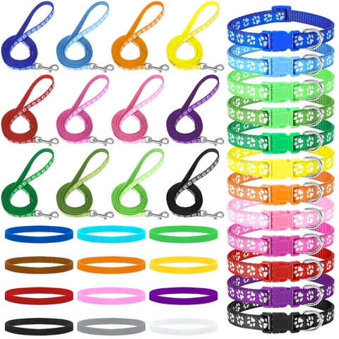 AOWOO 36 Pcs Dog Collar and Leash Set, Puppy Collar and Leash Set Quick Release Buckle Adjustable Paw Print Puppy Collar Soft Nylon Pet Collar for Puppy Small Dogs Walking Training