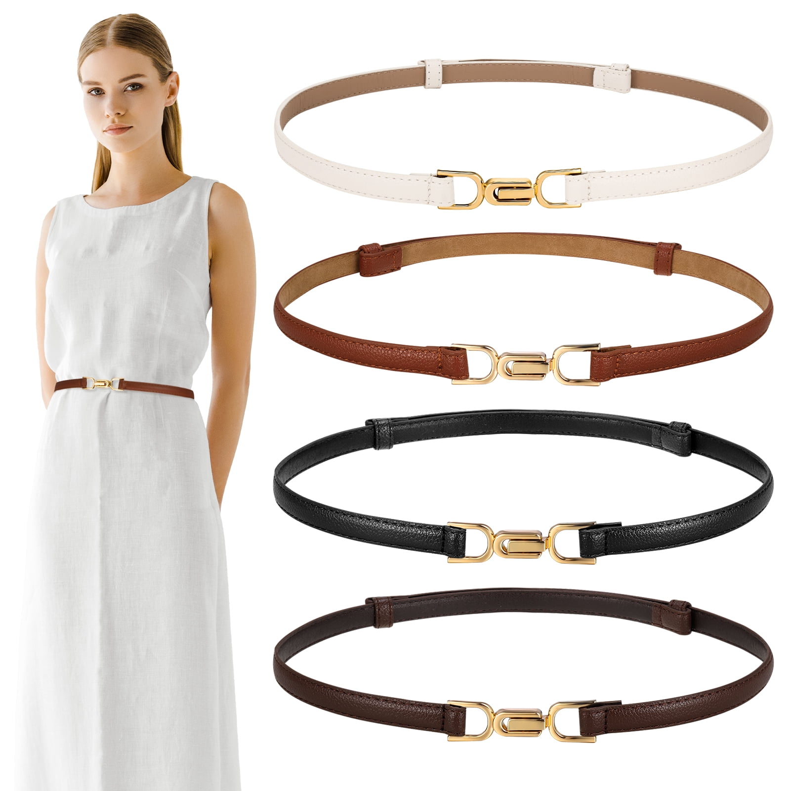 AOWOO 4 Pack Women Skinny Belts, 37.4 Inch Ladies Adjustable Thin Waist Belts with Golden Buckle