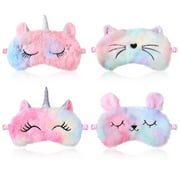 AOWOO 4 Pcs Plush Sleep Eye Mask, Cute Unicorn Sleeping Blindfold Eye Mask, Soft Fluffy and Furry Eye Cover, Pink Non-irritating Blackout Sleep Mask for Kids Girls Women(Unicorn Style)