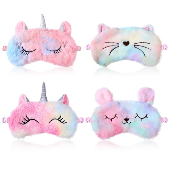 AOWOO 4 Pcs Plush Sleep Eye Mask, Cute Unicorn Sleeping Blindfold Eye Mask, Soft Fluffy and Furry Eye Cover, Pink Non-irritating Blackout Sleep Mask for Kids Girls Women(Unicorn Style)