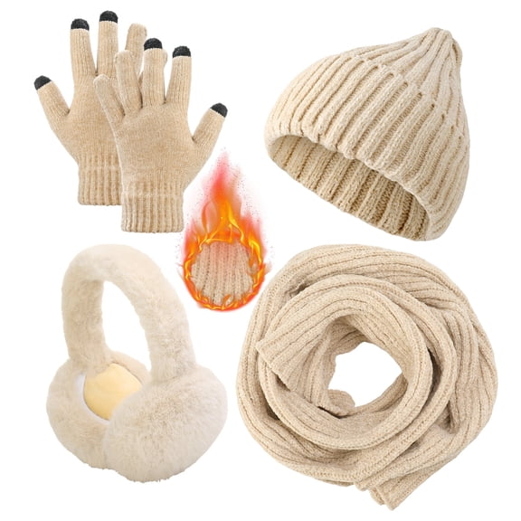 AOWOO 4 Pcs Winter Hat Scarf Gloves and Ear Warmer, Warm Knit Beanie Hat Touch Screen Gloves Set, Winter Beanie Knit Warm Skull Caps Ear Warmer Long Neck Scarves for Woman