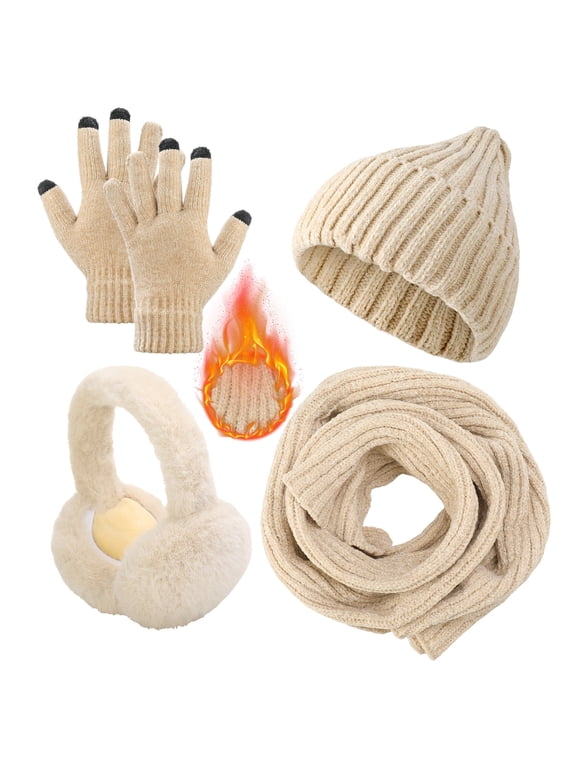 4 Pcs Winter Hat Scarf Gloves and Ear Warmer, Warm Knit Beanie Hat Touch Screen Gloves Set, Winter Beanie Knit Warm Skull Caps Ear Warmer Long Neck Scarves for Woman