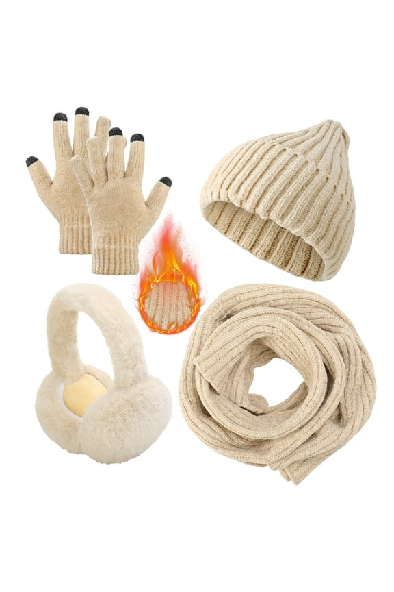 4 Pcs Winter Hat Scarf Gloves and Ear Warmer, Warm Knit Beanie Hat Touch Screen Gloves Set, Winter Beanie Knit Warm Skull Caps Ear Warmer Long Neck Scarves for Woman