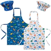 AOWOO 4Pcs Kids Apron & Chef Hat, Dinosaurs Adjustable Cooking Baking Painting Smock with 2 Pockets, Waterproof Toddler Dress Up Costume Gift for 6-12 Years Boys Girls