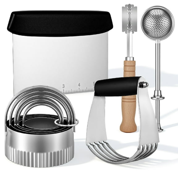 AOWOO 5 in 1 Stainless Steel Biscuit Cutter Set, Flour Duster, Pastry Scraper and Dough Blender, Pastry Blender Baking Dough Tools, Round Biscuit Cutters, Sturdy & Long-Lasting