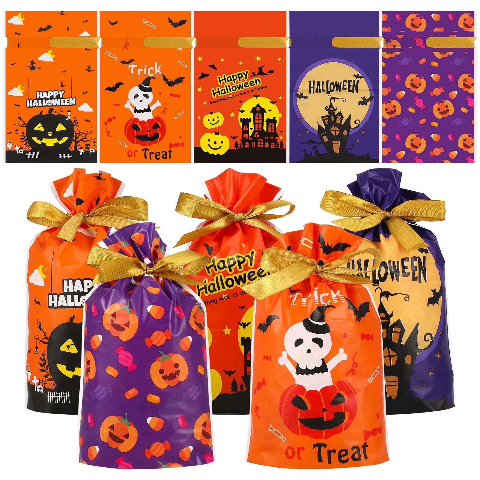 AOWOO 50 Pcs Halloween Treat Bags, Kids Halloween Trick or Treat Bags Halloween Goodie Bags, Candy Bags with Ties, Cookies Plastic Gift Bag for Party Decoration