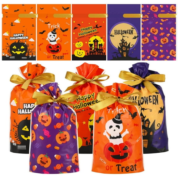 AOWOO 50 Pcs Halloween Treat Bags, Kids Halloween Trick or Treat Bags Halloween Goodie Bags, Candy Bags with Ties, Cookies Plastic Gift Bag for Party Decoration Supplies
