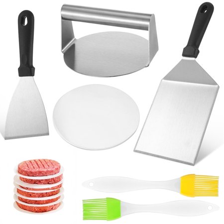 AOWOO 6 Pcs Smash Burger Press Kit, 5.5'' Stainless Steel Burger Press with 50 Round Non-Stick 6'' Patty Papers, 2 Spatulas, 2 Silicone Brushes for Grilling, BBQ, Cooking