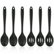 AOWOO 6 Pieces Silicone Cooking Spoons, Large Nonstick Kitchen Spoons for Cooking, Slotted and Solid Serving Spoon Heat Resistant, Silicone Mixing Spoons Basting Spoon Stirring Spoon for Kitchen Cooking(Black)