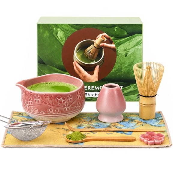 AOWOO 8 Pcs Matcha Whisk, Matcha Lovers Kit with Ceramic Bowl, Whisk, Holder, Wood Spoon, Bamboo Scoop, Scoop Rest, Sifter and Tea Towel,Easy Clean
