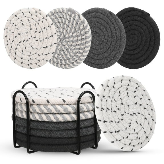 AOWOO 8-Piece Absorbent Polyester Minimalist Vintage Coaster Set, Gray Stripes Dots