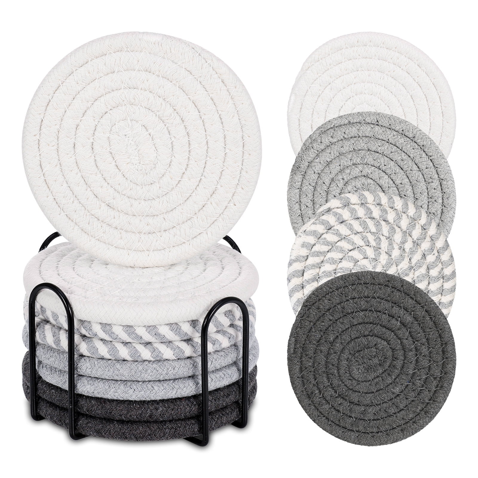 Handmade Cotton Woven Coasters Set with Holder, Light Gray, Dark Gray, Off-White, White and Gray Stripes