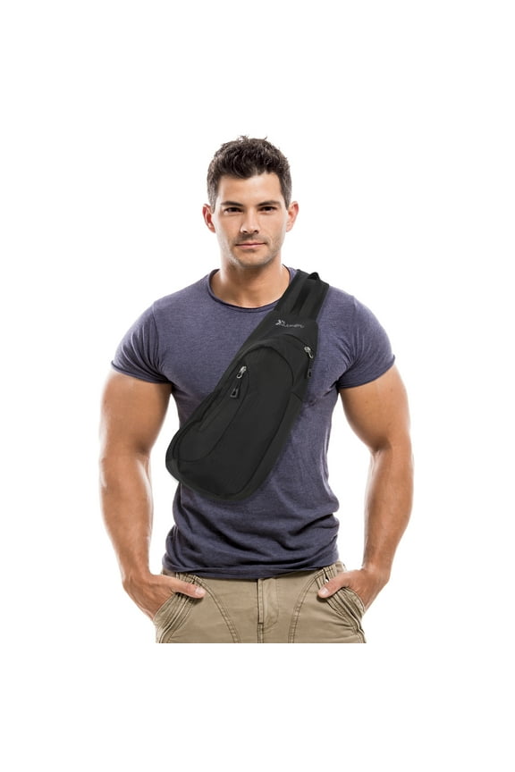 Black Sling Bag, Lightweight One Strap Shoulder Chest Bag for Men Women, Small Waterproof Sling Backpack Fishing Bag for Hiking Walking Biking Travel Cycling, Nylon