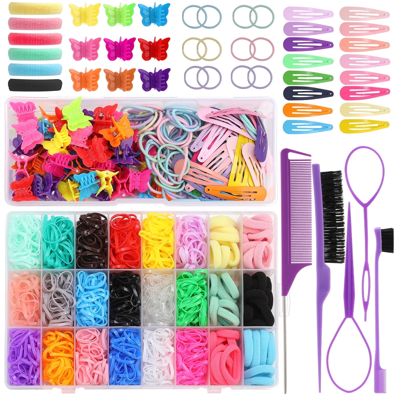 AOWOO Colorful Rubber Hair Ties for Girls, Elastic Hair Bands for Baby, Colored Cotton Hair Ties, Girl Hair Accessories Set With Organizer Hair Styling Tools Ponytail Holders