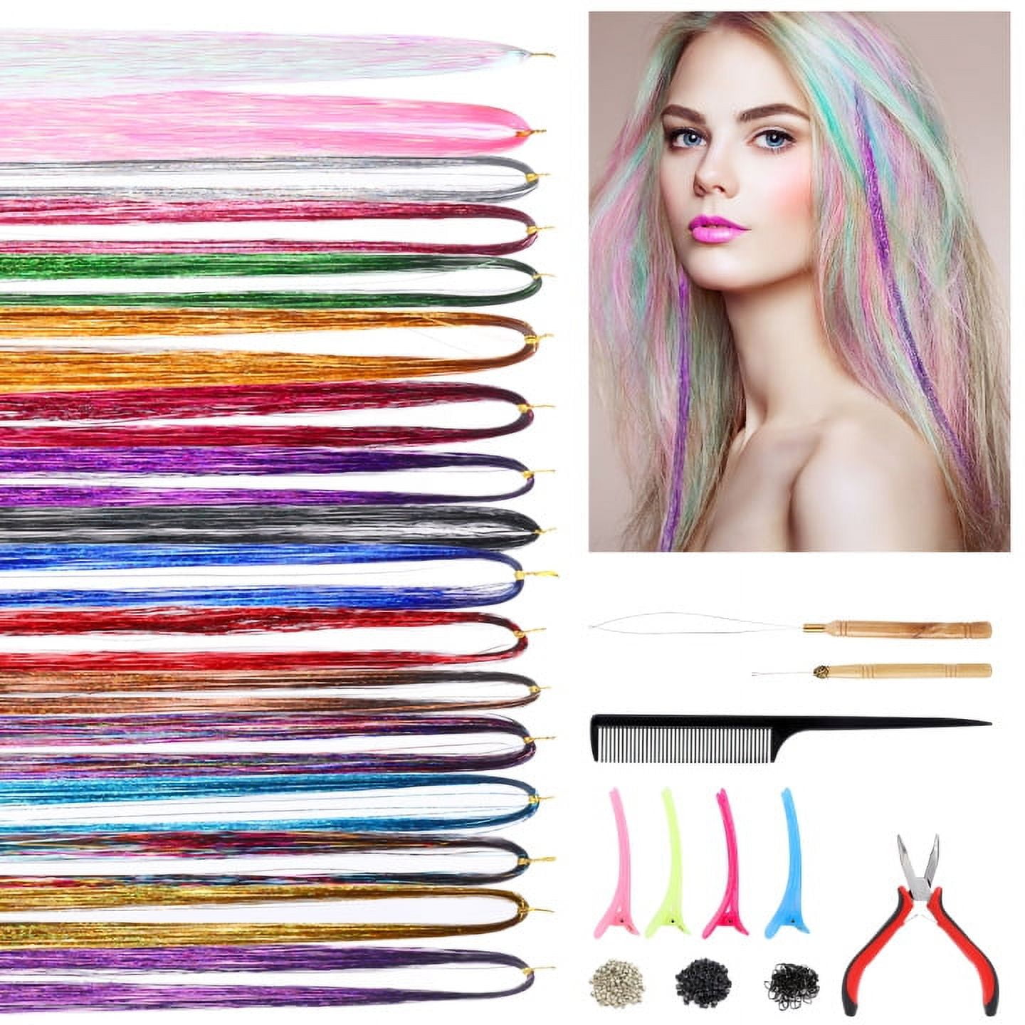 AOWOO Hair Tinsel Kit (47Inch 17 Colors), Fairy Tinsel Hair Extensions ...