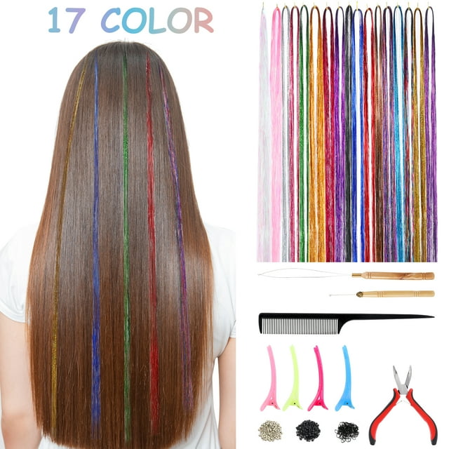 AOWOO Hair Tinsel Kit (47Inch 17 Colors), Glitter Sparkling Tinsel Hair Extensions with Tools