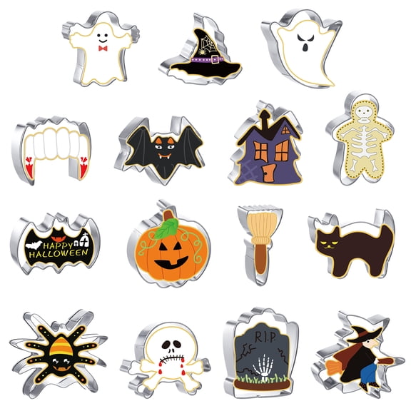 AOWOO Halloween Cookie Cutters Set, 15 Pcs Stainless Steel Halloween Biscuit Cutter Mold, Pumpkin Ghost Bat Cat Skull Spider Broom Coffin Witch's Hat Shapes for Halloween Food Party Decorations