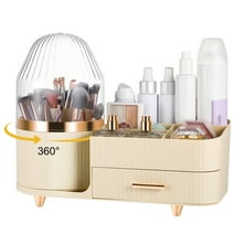AOWOO Makeup Brush Holder Organizer, 360 Degree Rotating Makeup Organizer for Vanity with Drawers, Large Capacity Cosmetic Display Cases, Cosmetic Organizer for Skincare, Brushes, Eyeshadow, Lipstick(Cream White)