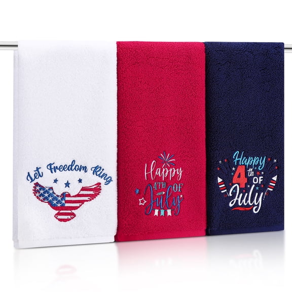 AOWOO Patriotic 4th of July Hand Towels Set of 3, Cotton Embroidered USA Flag Star Kitchen & Bathroom Towels, Red White Blue Decorative Dish Cloths for Independence Day Memorial Day Home Decor
