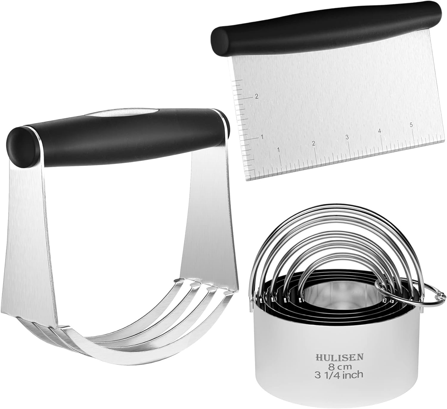 AOWOO Stainless Steel Biscuit Cutter Set, Pastry Scraper and Dough Blender, Sturdy & Long-Lasting with Ergonomic Rubber Grip, Professional Baking Dough Tools, Gift Package (3 Pcs/Set)