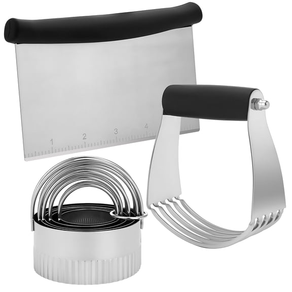 AOWOO Stainless Steel Biscuit Cutter Set, Pastry Scraper and Dough Blender, Sturdy & Long-Lasting with Ergonomic Rubber Grip, Professional Baking Dough Tools, Gift Package (3 Pcs/Set)