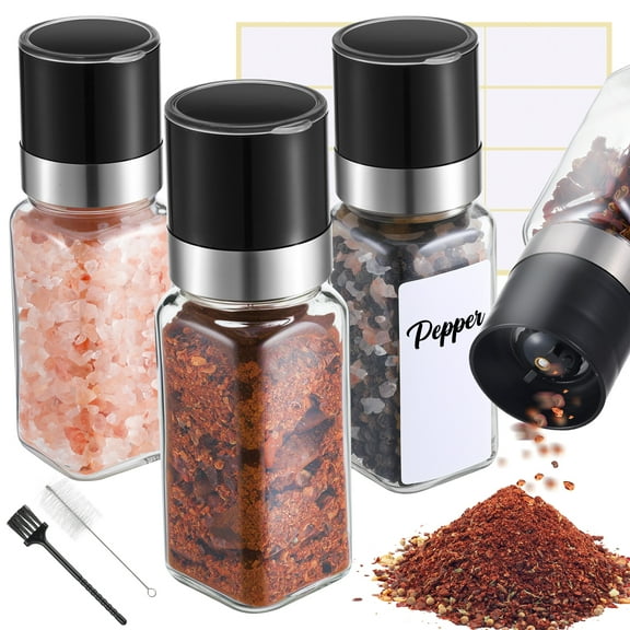AOWOO 3 Pack Glass Salt and Pepper Grinder Set, Manual Adjustable Salt and Pepper Mills with Stickers and Dual Cleaning Brushes, Eco-Friendly, Ideal for Home and Outdoor Use