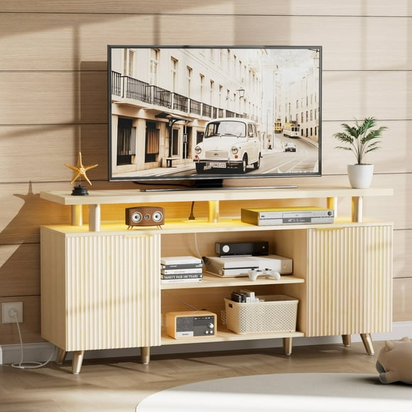 Laintene TV Stand for 65" TV, LED Entertainment Center with Adjustable Shelves, Storage Cabinets & Power Outlets, Fluted TV Console for Living Room, Natural Finish