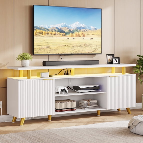 Laintene TV Stand for 65" TV, LED Entertainment Center with Adjustable Shelves, Storage Cabinets & Power Outlets, Fluted TV Console for Living Room, White Finish