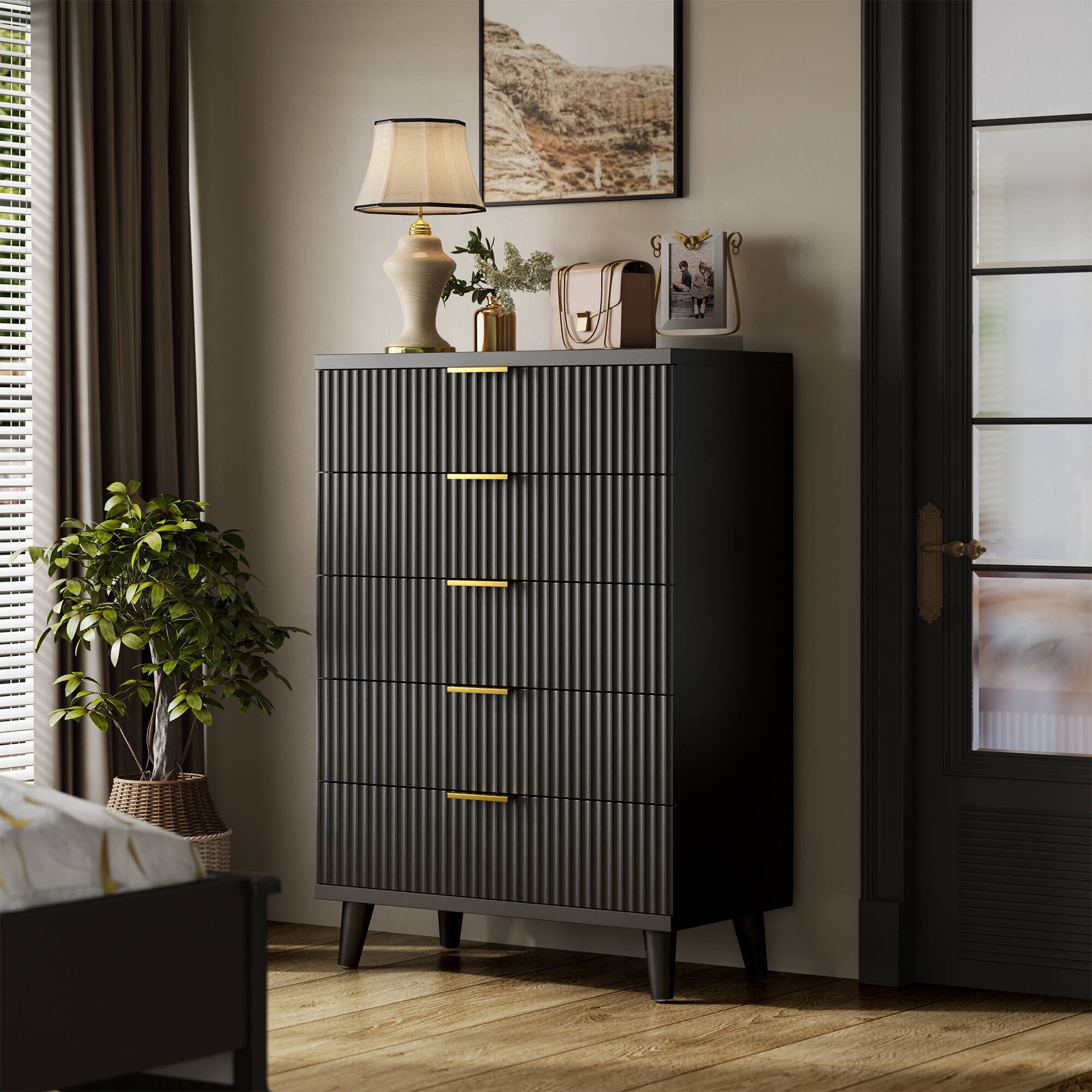 GIKPAL 5 Drawers Dresser, Boho Fluted Tall Dressers Wood Storage ...