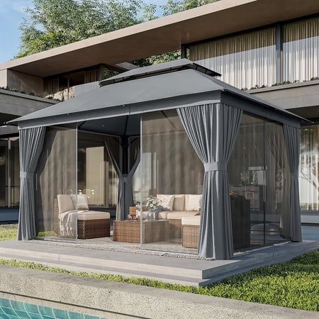 AOXUN 10'x13'Outdoor Gazebo,Double Roofs Metal Frame Canopy With Privacy Curtains For Backyard,Lawn,Garden,Gray