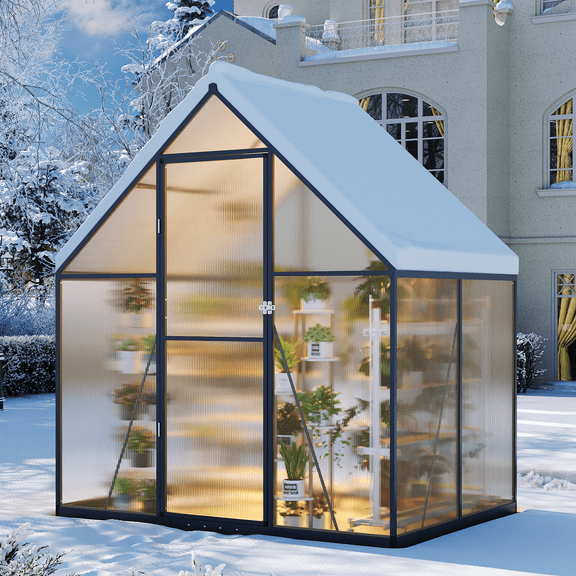 AOXUN 4'x6' Outdoor Greenhouse, Walk-in Polycarbonate Green House with Aluminum Frame for Backyard, Black