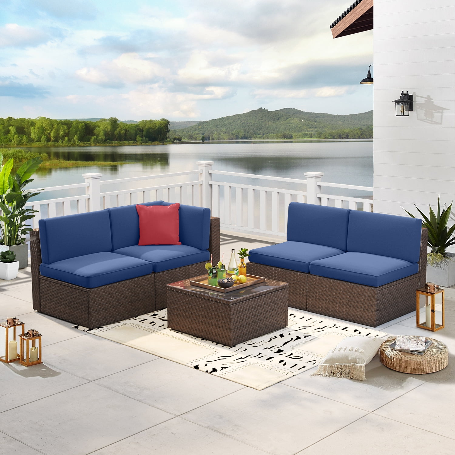 Patio set with blue cushions hotsell